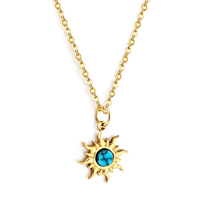 Tresoli Stainless Steel Gold Color PVD Blue Stone Flower Necklace
