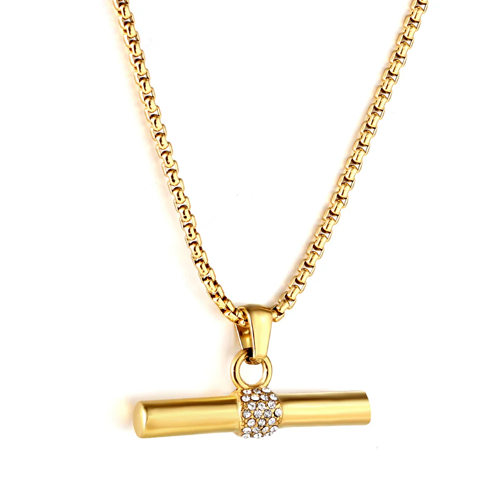 Stainless Steel Gold Color PVD Wooden Stick CZ Pendant Necklace