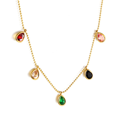 Tresoli Stainless Steel Gold Color PVD Water Drop Mixed Color Diamond Pendant Necklace