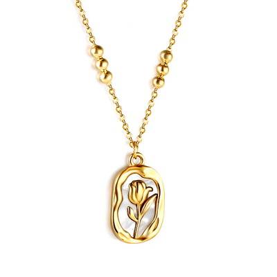Tresoli Stainless Steel Gold Color PVD Long Oval Rose And Beads Pendant Necklace