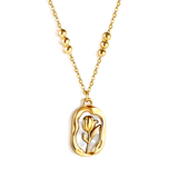 Tresoli Stainless Steel Gold Color PVD Long Oval Rose And Beads Pendant Necklace
