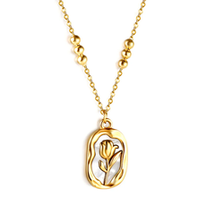 Tresoli Stainless Steel Gold Color PVD Long Oval Rose And Beads Pendant Necklace