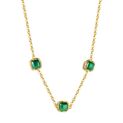 Tresoli Stainless Steel Gold Color PVD Three Square Green Cat's Eye Stones Pendant Necklace