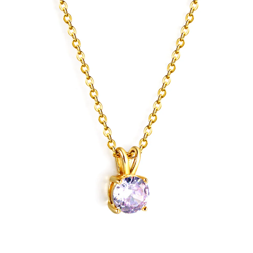 Tresoli Stainless Steel Gold Color PVD Purple Diamond Round Pendant Necklace
