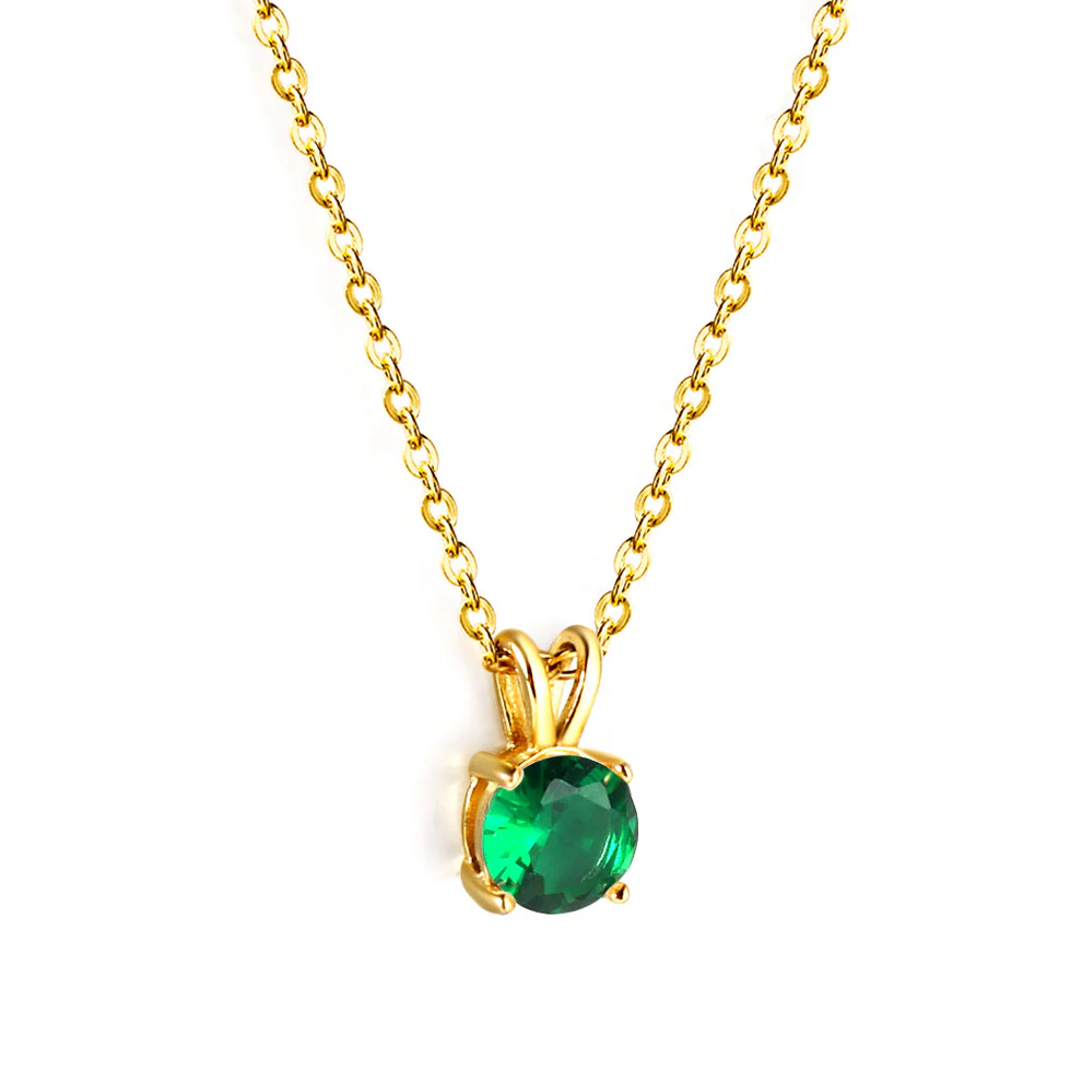 Tresoli Stainless Steel Gold Color PVD Green Diamond Round Pendant Necklace