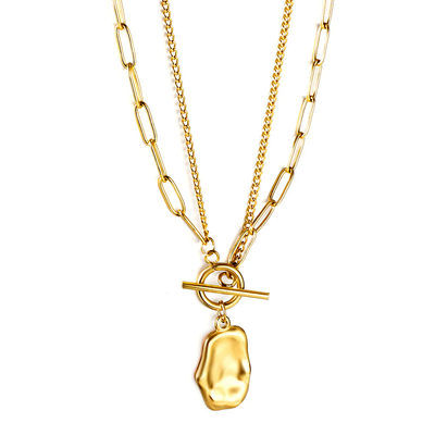 Tresoli Stainless Steel Gold Color PVD Double Chain Long Alien Pendant Necklace