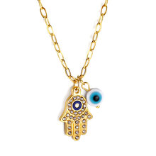 Load image into Gallery viewer, Tresoli Stainless Steel Gold Color PVD Palm Pendant with White Diamonds and Blue Cat Eye Necklace