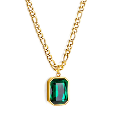 Tresoli Stainless Steel Gold Color PVD Green Diamond Rectangular Pendant Necklace