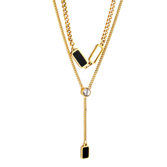 Tresoli Stainless Steel Gold Color PVD 2 Rectangular Black Oil Drops And 1 Long Square Box With Round White Diamond Double Chain Pendant Necklace