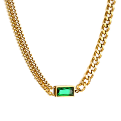 Tresoli Stainless Steel Gold Color PVD Rectangle Pendant With Green Diamond Necklace