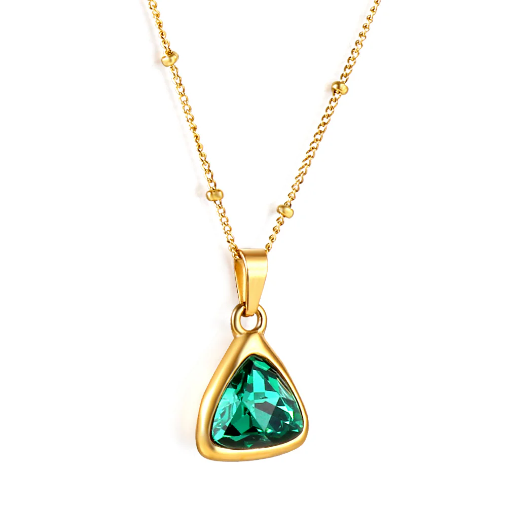 Stainless Steel Gold Color PVD Green Diamond Triangle Pendant With Bead Chain Necklace