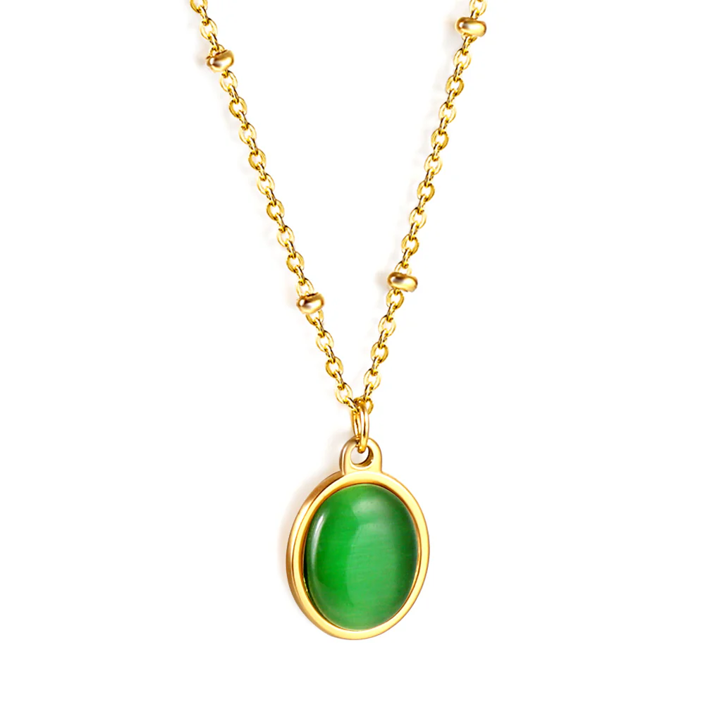 Stelluxe Stainless Steel Gold Color PVD Long Round Bead And Oval Green CZ Pendant Necklace