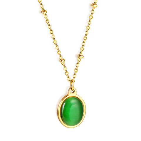 Stelluxe Stainless Steel Gold Color PVD Long Round Bead And Oval Green CZ Pendant Necklace