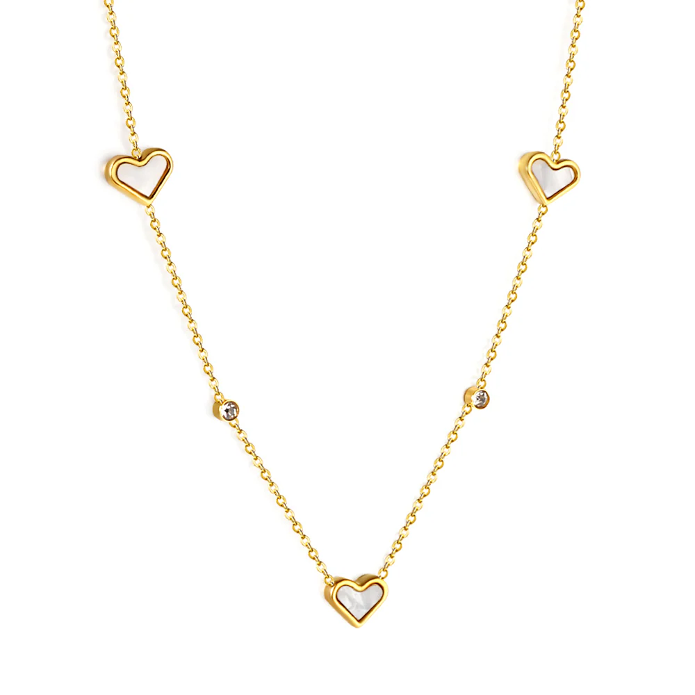 Tresoli Stainless Steel Gold Color PVD 3 Heart Shaped White And Round White Diamond Pendant Necklace
