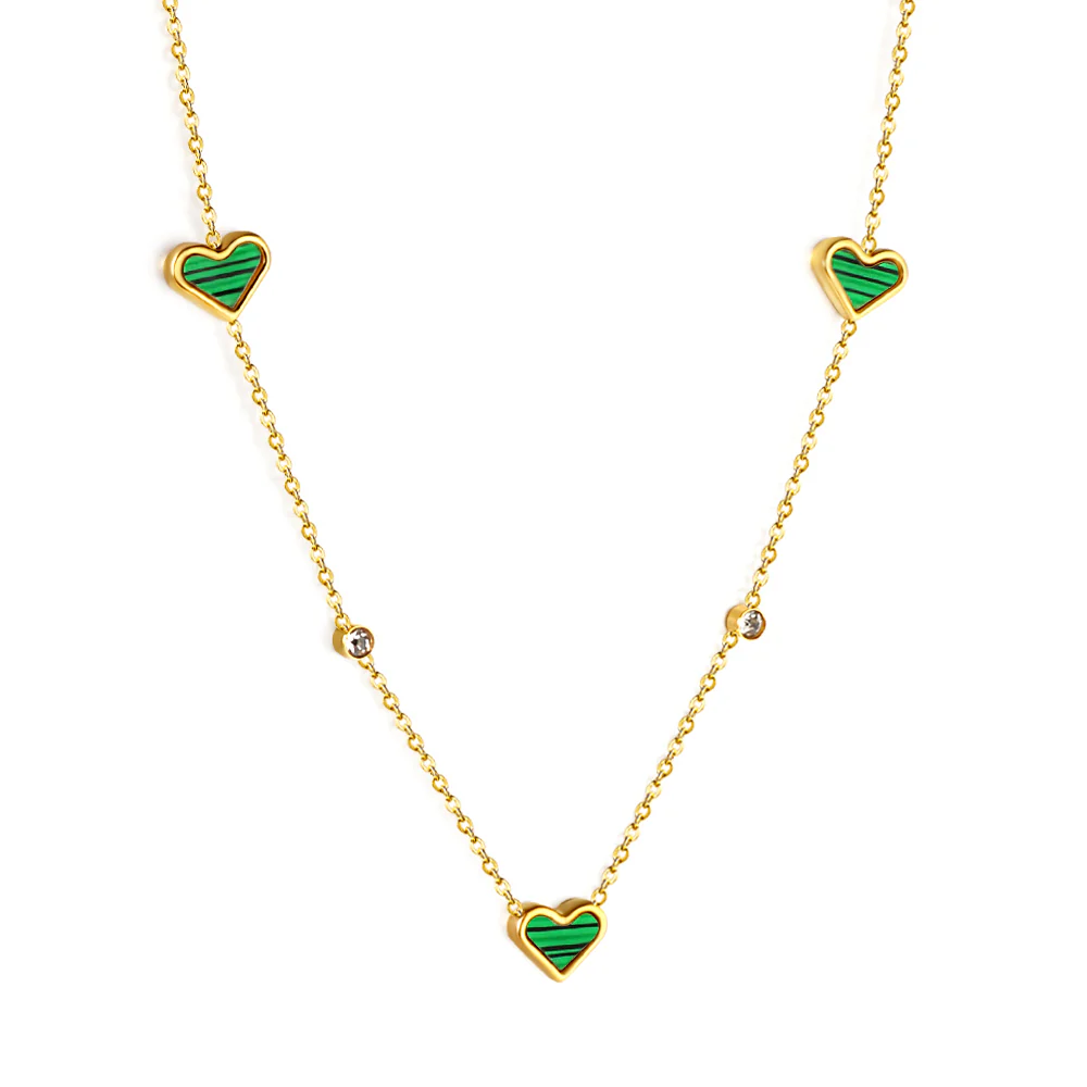 Tresoli Stainless Steel Gold Color PVD 3 Heart Shaped Green And Round White Diamond Pendant Necklace