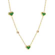 Load image into Gallery viewer, Tresoli Stainless Steel Gold Color PVD 3 Heart Shaped Green And Round White Diamond Pendant Necklace
