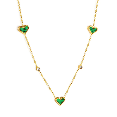 Tresoli Stainless Steel Gold Color PVD 3 Heart Shaped Green And Round White Diamond Pendant Necklace