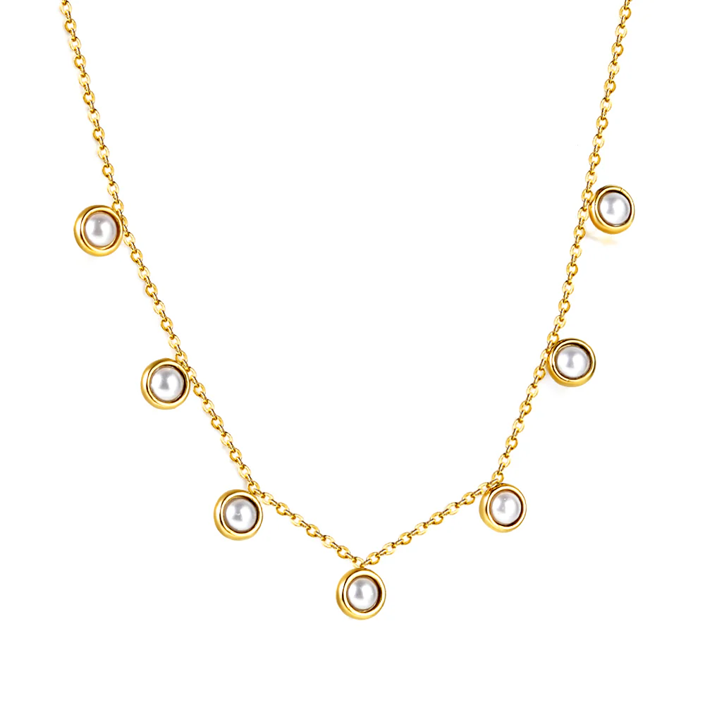 Stainless Steel Gold Color PVD 7 Half White Pearls Pendant Necklace
