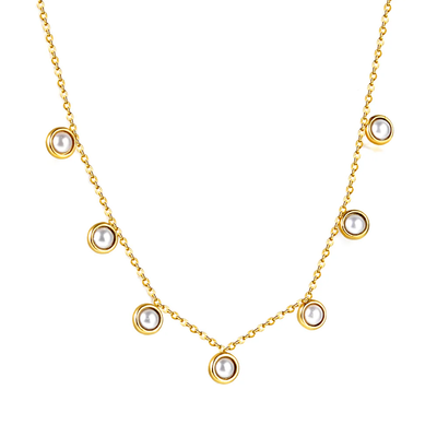 Tresoli Stainless Steel Gold Color PVD 7 Half White Pearls Pendant Necklace