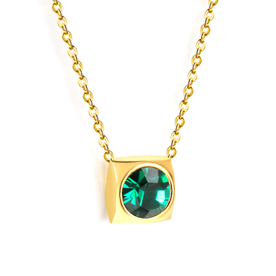 Tresoli Stainless Steel Gold Color PVD Green CZ Square Necklace