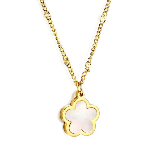 Stainless Steel Gold Color PVD Peach Blossom Shape With White Shell Pendant Necklace