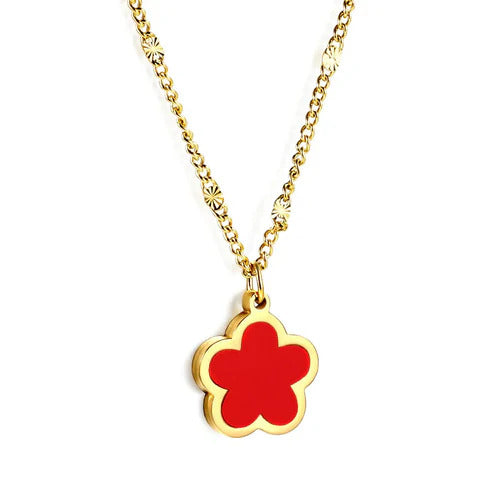 Stainless Steel Gold Color PVD Peach Blossom Shape With Red Shell Pendant Necklace