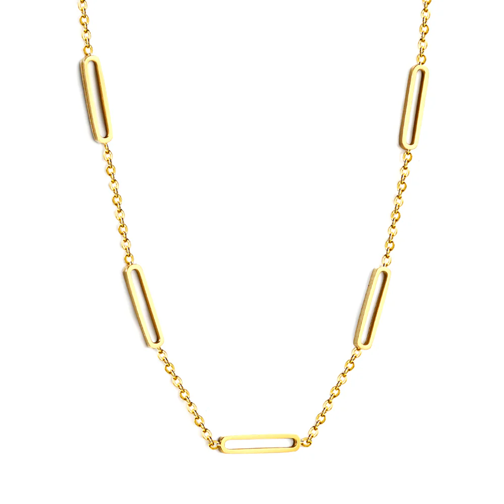 Stainless Steel Gold Color PVD 5 Oblong Pendant Necklace