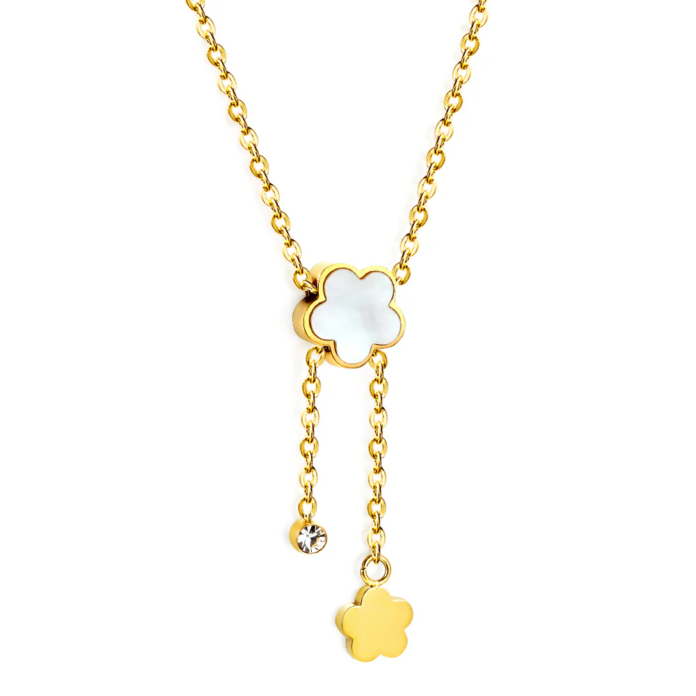 Stainless Steel Gold Color PVD White Shell Peach Blossom And Round CZ Pendant Necklace