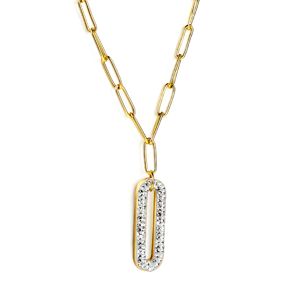 Tresoli Stainless Steel Gold Color PVD Long Circle With White Clay Diamond Pendant Necklace