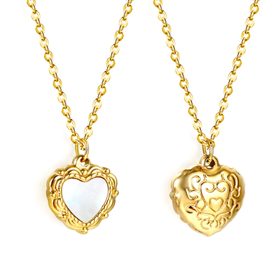 Tresoli Stainless Steel Gold Color PVD Heart With White Shell Pendant Necklace