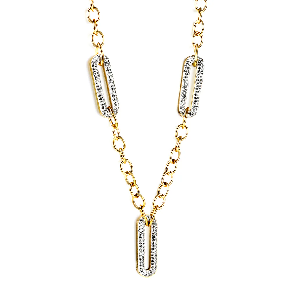 Tresoli Stainless Steel Gold Color PVD Spring 3 Long Circle with Edge White Clay Diamond Pendant Necklace