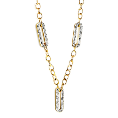 Tresoli Stainless Steel Gold Color PVD Spring 3 Long Circle with Edge White Clay Diamond Pendant Necklace