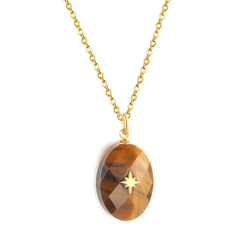 Tresoli Stainless Steel Gold Color PVD Earthy Yellow Oval Stone With Gold Octopus Pendant Necklace