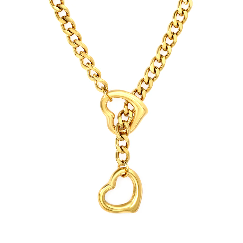 Stainless Steel Gold Color PVD Double Heart Pendant Six Faceted Chain Necklace