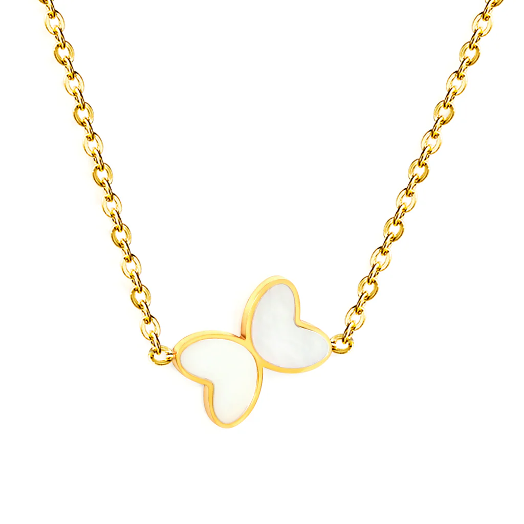 Tresoli Stainless Steel Gold Color PVD Butterfly With White Shell Drop Pendant Necklace