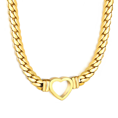Tresoli Stainless Steel Gold Color PVD Hollow Heart Shaped Pendant Dragon Chain Necklace