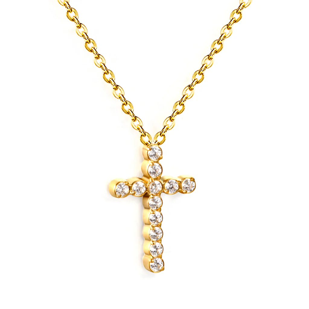 Stelluxe Stainless Steel Gold Color PVD Cross CNC White Zirconia Pendant 0.3mm Cross Chain Necklace