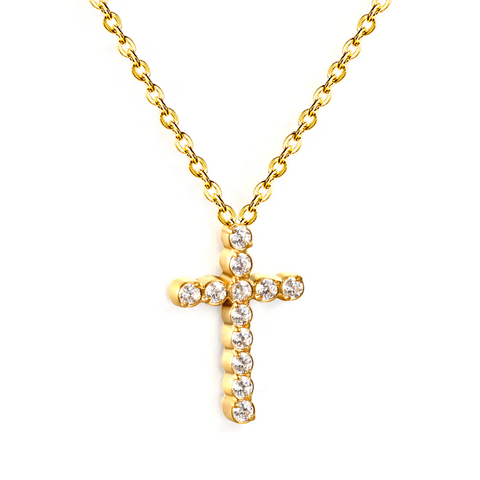 Stelluxe Stainless Steel Gold Color PVD Cross CNC White Zirconia Pendant 0.3mm Cross Chain Necklace