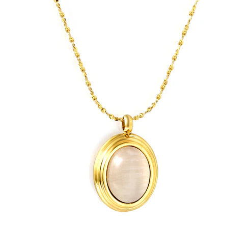 Stainless Steel Gold Color PVD Oval With White Pendant Round Necklace