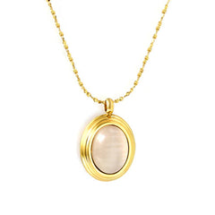 Stainless Steel Gold Color PVD Oval With White Pendant Round Necklace