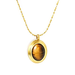 Stainless Steel Gold Color PVD Oval With Tiger Eye Pendant Round Necklace