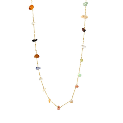 Tresoli Stainless Steel Gold Color PVD Mixed Color Stone Cross Elongated Chain Necklace