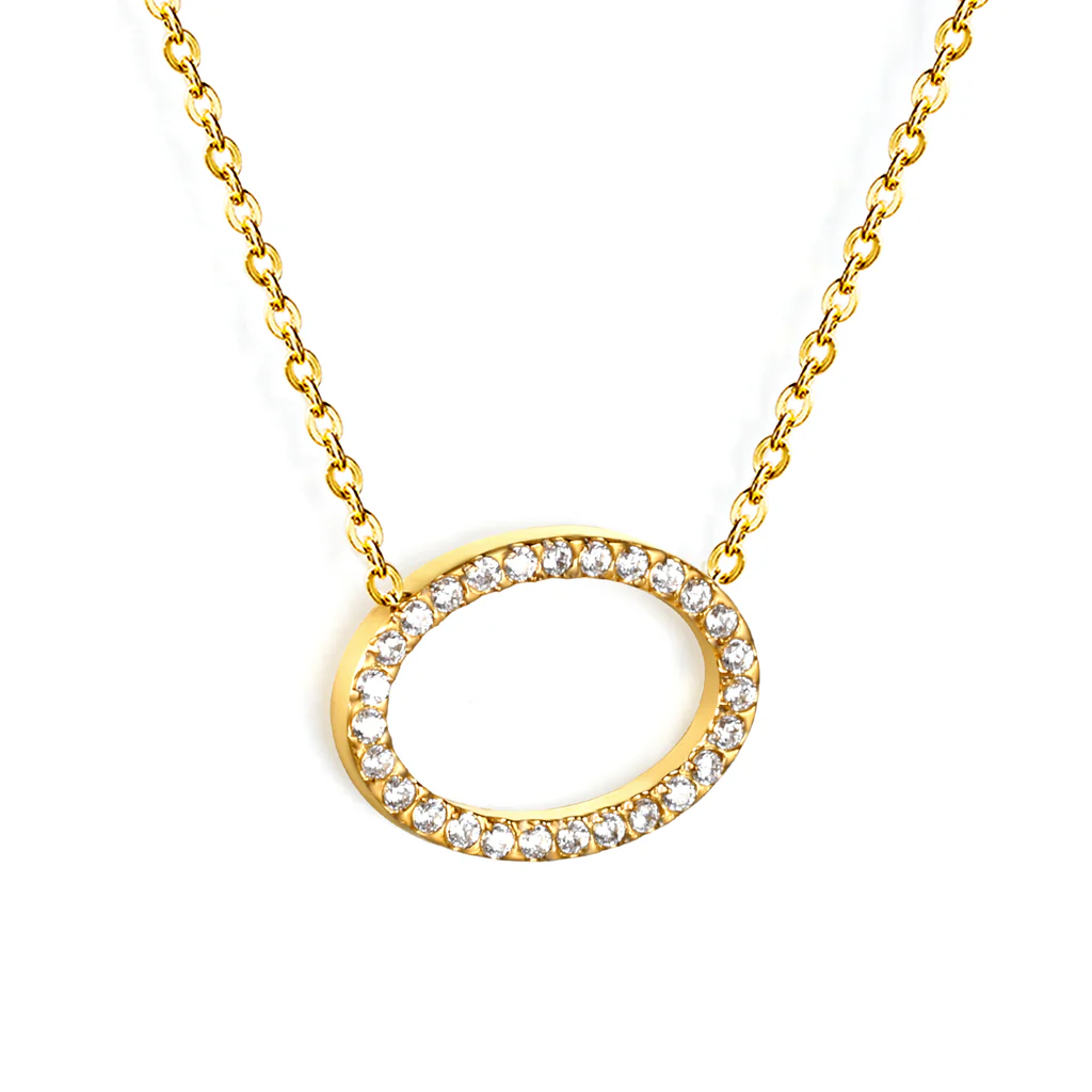Stelluxe Stainless Steel Gold Color PVD Oval CNC White Zirconia Pendant 0.3mm Cross Chain Necklace