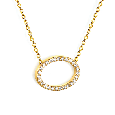 Tresoli Stainless Steel Gold Color PVD Oval CNC White Zirconia Pendant 0.3mm Cross Chain Necklace