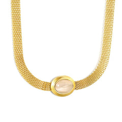 Stainless Steel Gold Color PVD Oval With White Cat's Eye Mesh Chain Round Necklace