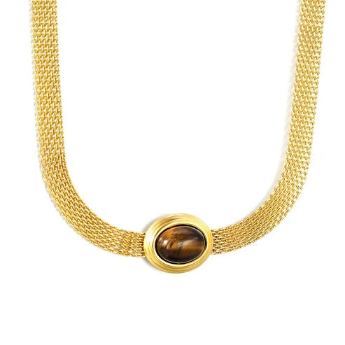 Stainless Steel Gold Color PVD Oval With Tiger Eye Mesh Chain Round Necklace