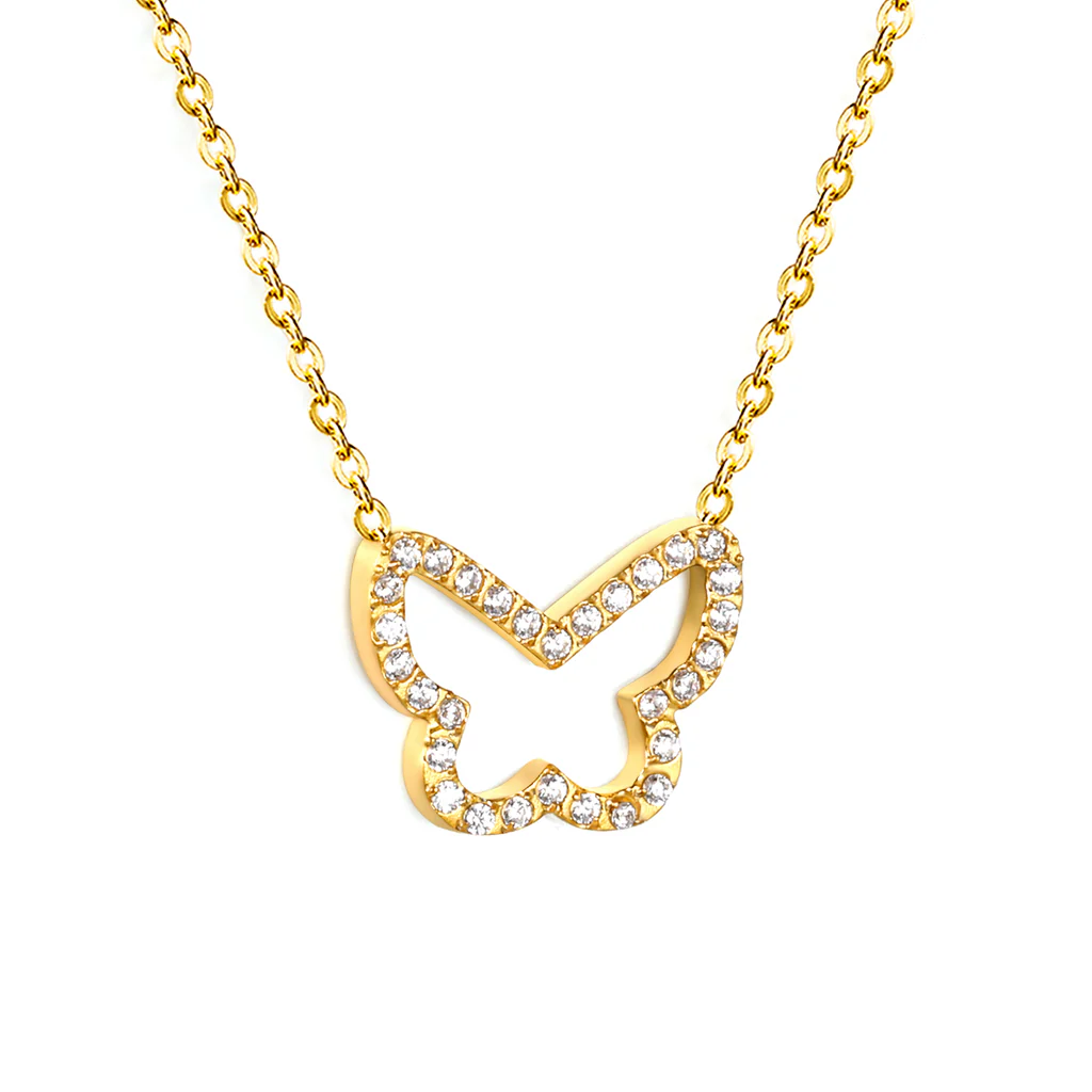 Tresoli Stainless Steel Gold Color PVD Butterfly CNC White Zirconia Pendant 0.3mm Cross Chain Necklace