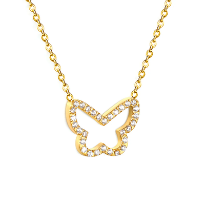 Tresoli Stainless Steel Gold Color PVD Butterfly CNC White Zirconia Pendant 0.3mm Cross Chain Necklace