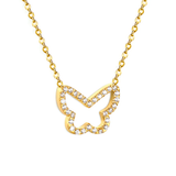 Tresoli Stainless Steel Gold Color PVD Butterfly CNC White Zirconia Pendant 0.3mm Cross Chain Necklace