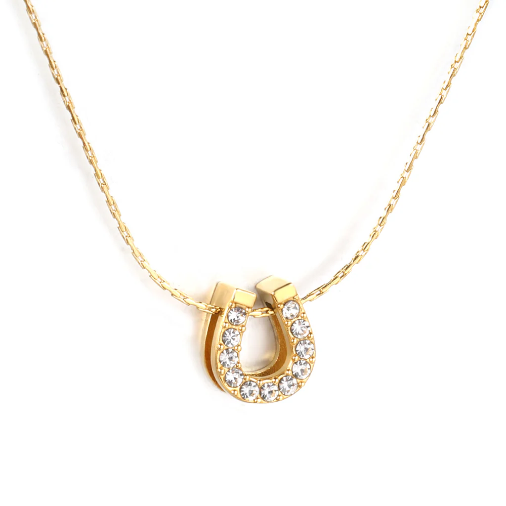 Stainless Steel Gold Color PVD U Shaped Hollow Diamond Pendant With Cross Hammer Round Chain Necklace